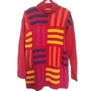 Women's Red Striped Pullover Turtleneck Sweater - L